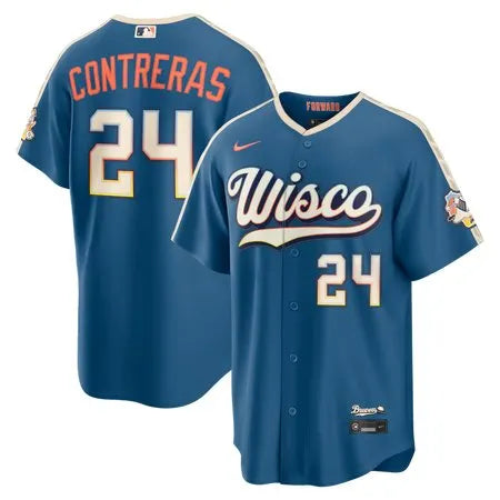 Men's Milwaukee Brewers #24 William Contreras Nike Mineral Blue 2026 City Connect Stadium Jersey