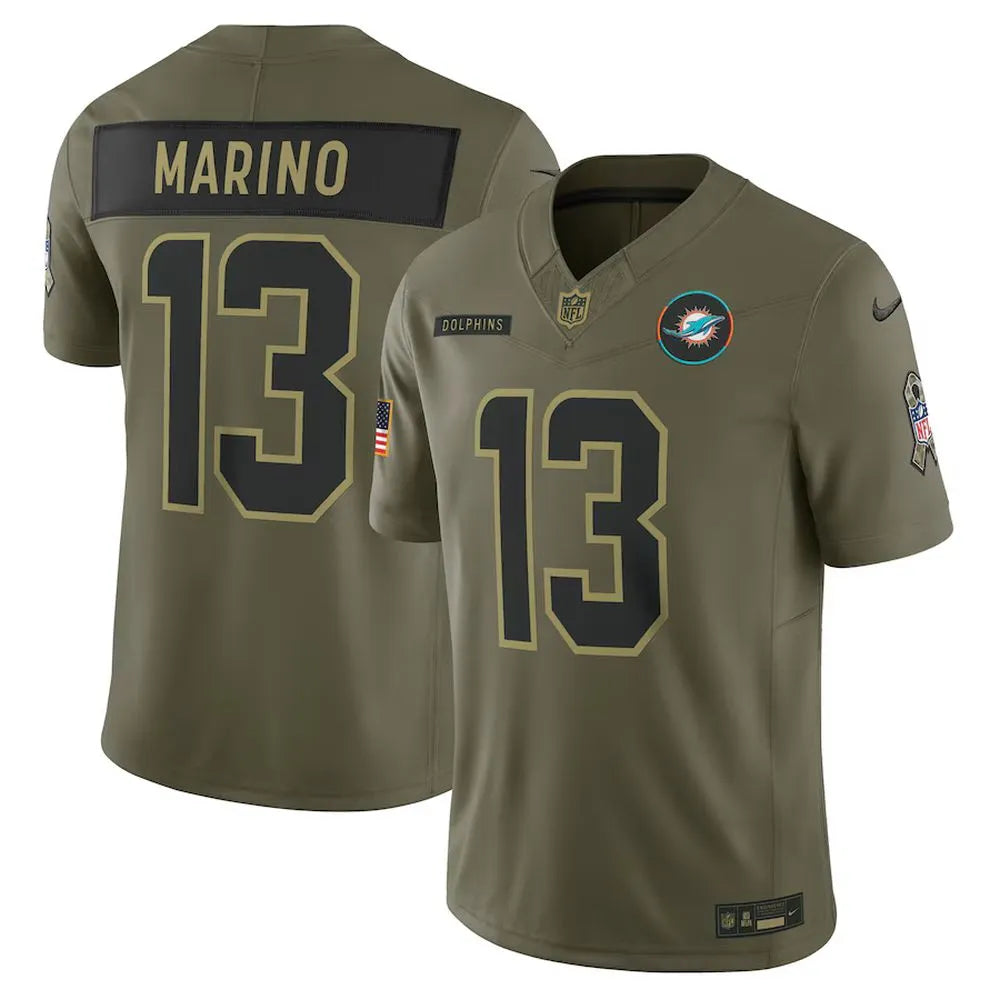 Men's Miami Dolphins #13 Dan Marino Olive 2025 Salute to Service Retired Limited Jersey (Olive)