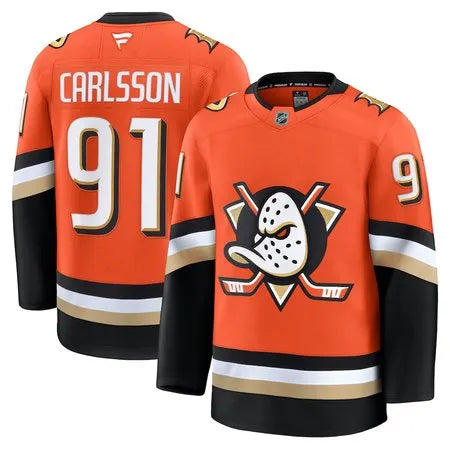 Men's Anaheim Ducks #91 Leo Carlsson Orange Home Premium Jersey